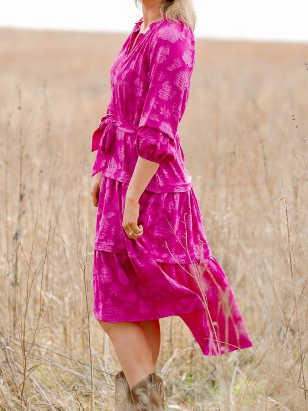 The Pioneer Woman Festive Fuchsia 3/4 Sleeve Tiered Ruffle Midi Dress